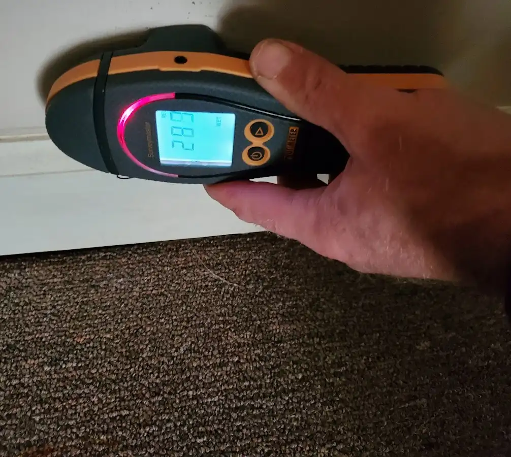 Moisture detection at baseboard during Storm Damage Restoration in Jarrell